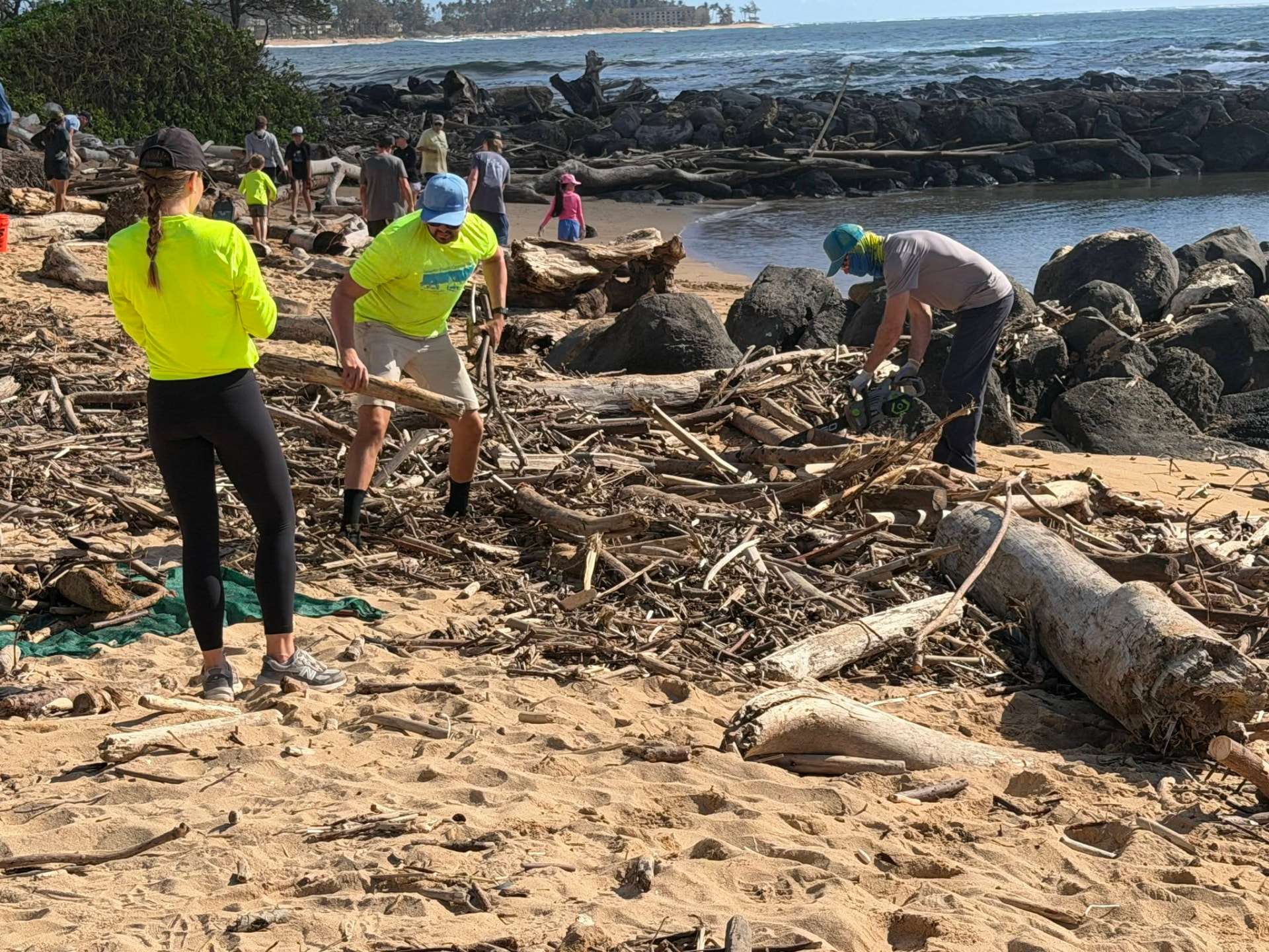 Volunteers work a debris pile along the rocks at Lydgate, hauling out logs and using a chainsaw to break down the larger pieces so they can be cleared.
