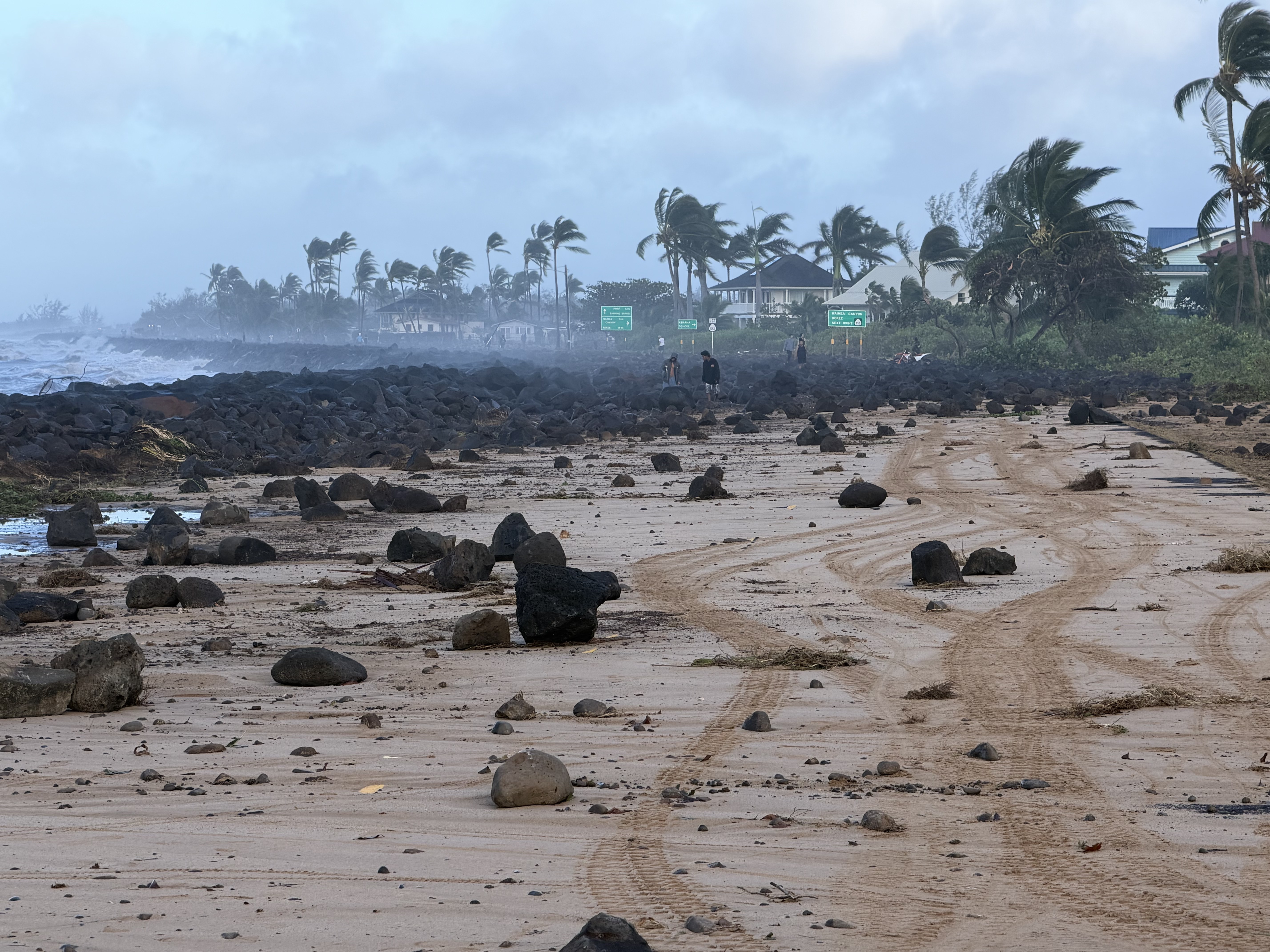 Boulders pushed from the ocean onto Kekaha beach by Hurricane Lowell's surge.